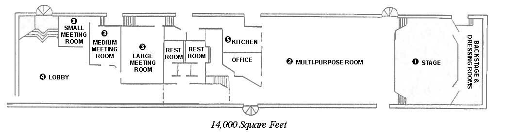 The 14,000 square foot Civic Center features the following spaces that the public can rent: small, medium and large meeting rooms; a multipurpose room with a stage and adjacent kitchen; and a lobby/gallery area.